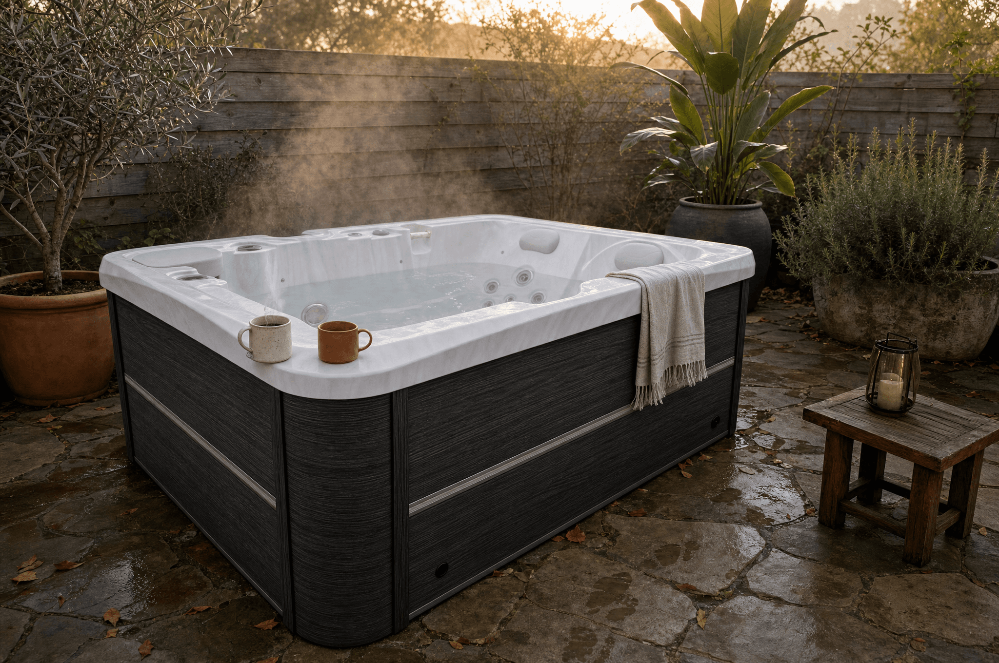 The Allure hot tub on a garden terrace