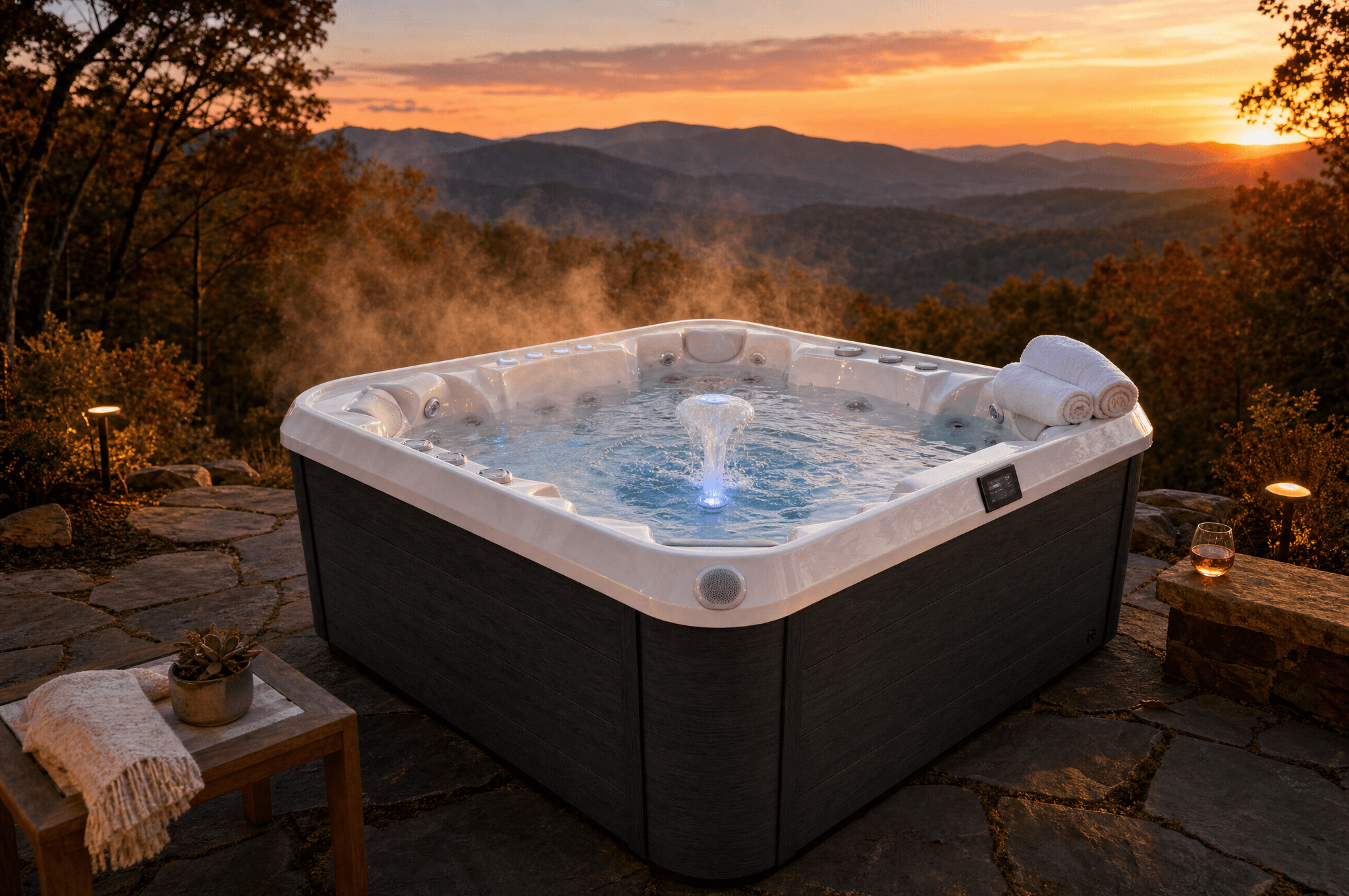 A Luxury Spas hot tub on a backyard patio